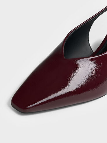 Patent Tapered Square-Toe Slingback Kitten Heels, Burgundy, hi-res