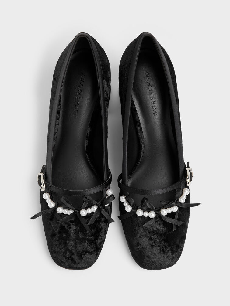 Noelie Velvet & Satin Pearl-Bow Mary Jane Pumps, Black Textured, hi-res