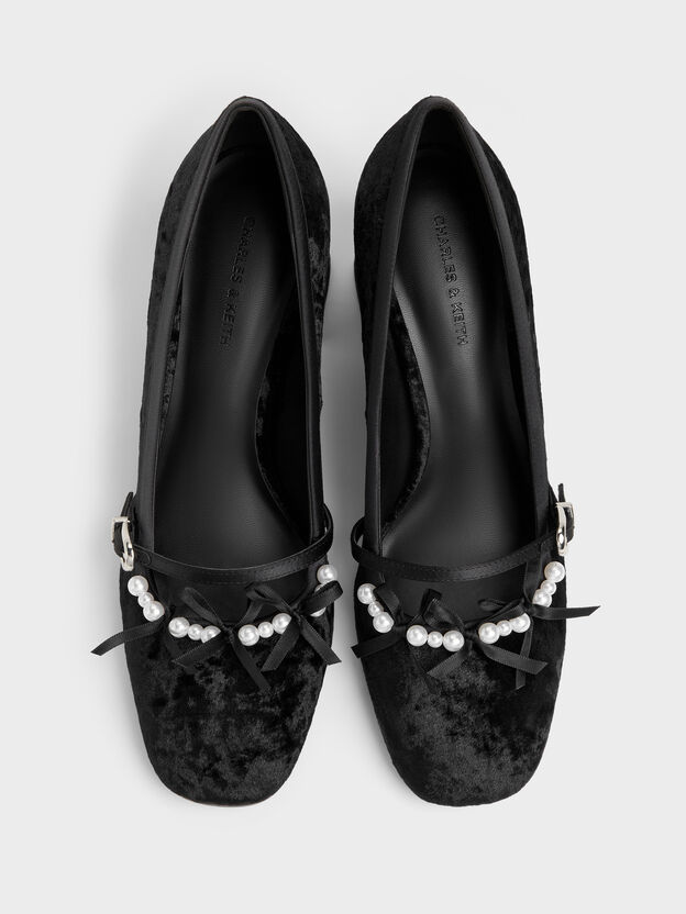 Noelie Velvet & Satin Pearl-Bow Mary Jane Pumps, Black Textured, hi-res