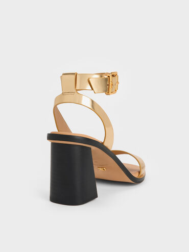 Metallic Leather Ankle-Strap Block-Heel Sandals, Gold, hi-res