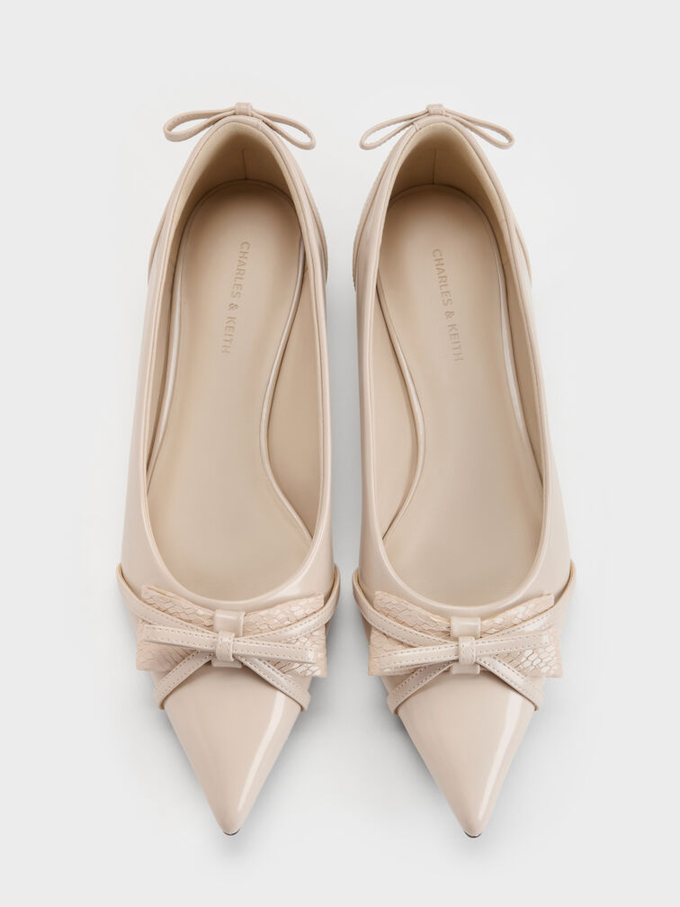 Bettina Double-Bow Pointed Ballet Flats, Beige, hi-res