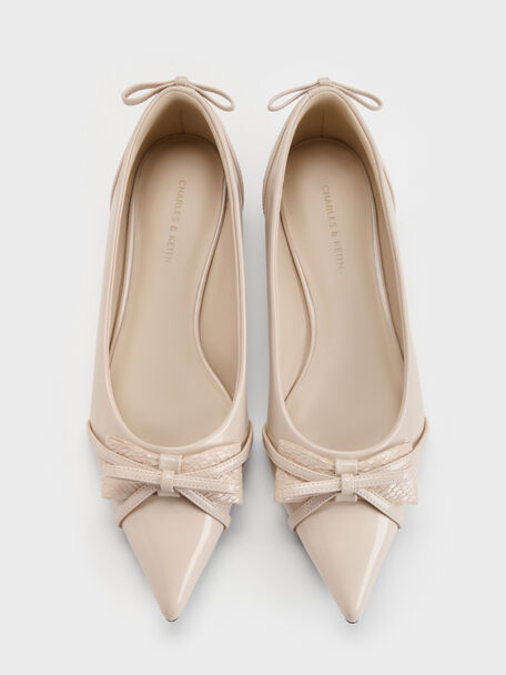 Bettina Double-Bow Pointed Ballet Flats, Beige, hi-res
