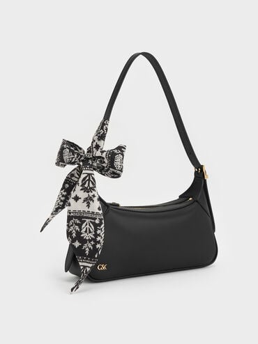 Cerese Leather Scarf-Handle Shoulder Bag, Black, hi-res