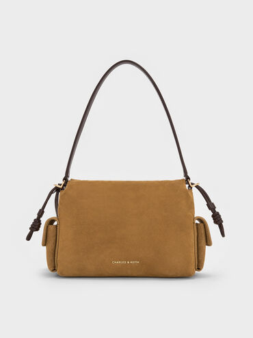 Khai Recycled Suede Ruched-Flap Side-Pocket Top Handle Bag, Sahara Sand, hi-res