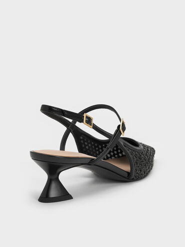Raffia Sculptural-Heel Slingback Pumps, Black Textured, hi-res