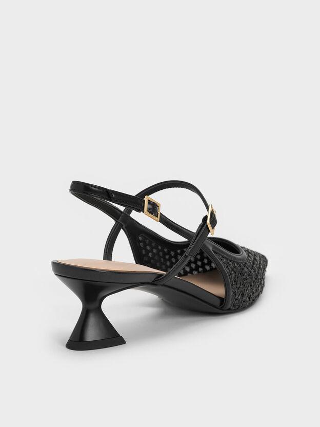 Raffia Sculptural-Heel Slingback Pumps, Black Textured, hi-res