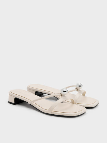 Georgie Linen Metal-Ball Heeled Mules, Chalk, hi-res