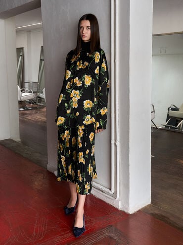 Velvet Bow Pointed-Toe Kitten-Heel Pumps, Dark Blue, hi-res