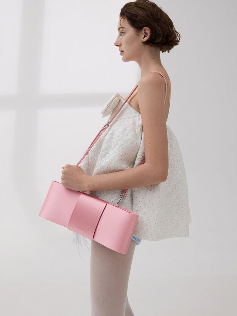 Satin Bow Elongated Shoulder Bag, Flamingo Pink Satin Bow Elongated Shoulder Bag, Flamingo Pink, hi-res