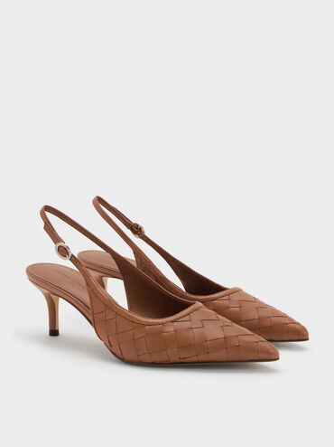 Ivette Woven Pointed-Toe Slingback Pumps, Brown, hi-res