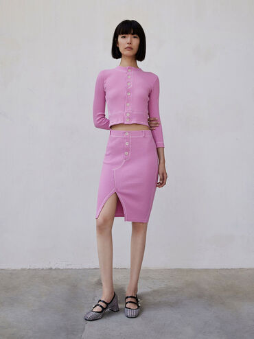 Plaid Pearl-Buckle Mary Jane Pumps, Pink, hi-res