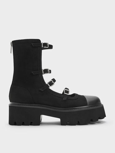 Celia Faux Suede Buckled Multi-Strap Chunky Calf Boots, Black Textured, hi-res