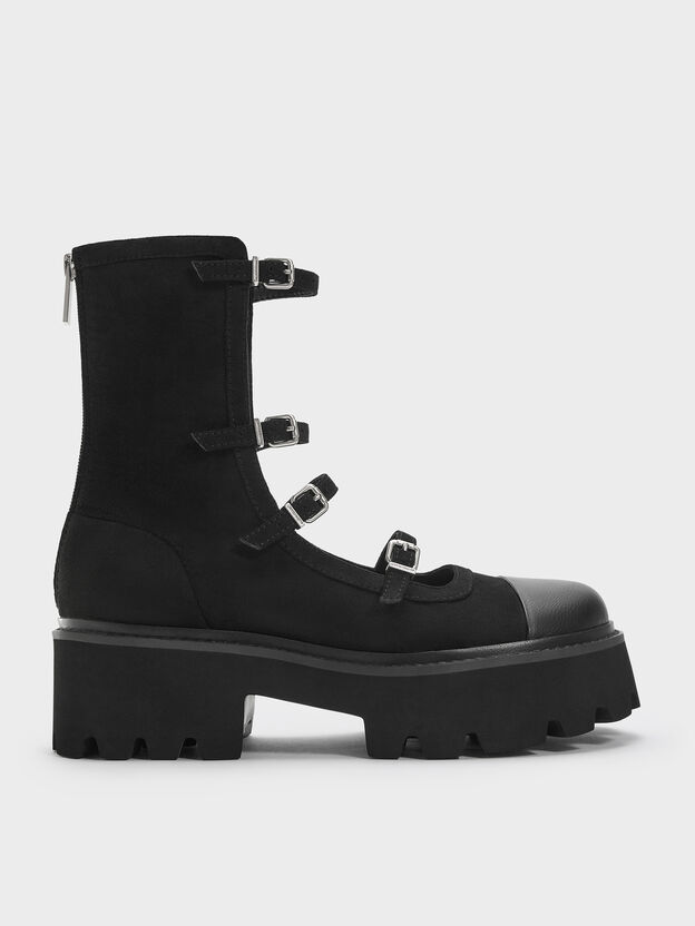 Celia Faux Suede Multi-Strap Calf Boots, Black Textured, hi-res
