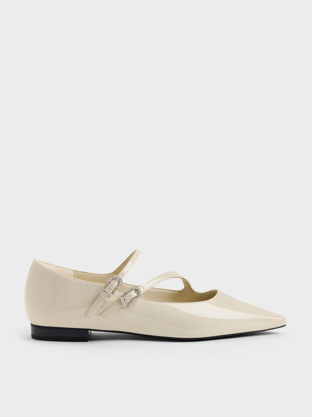 Patent Crystal-Buckle Double-Strap Mary Janes, Chalk, hi-res