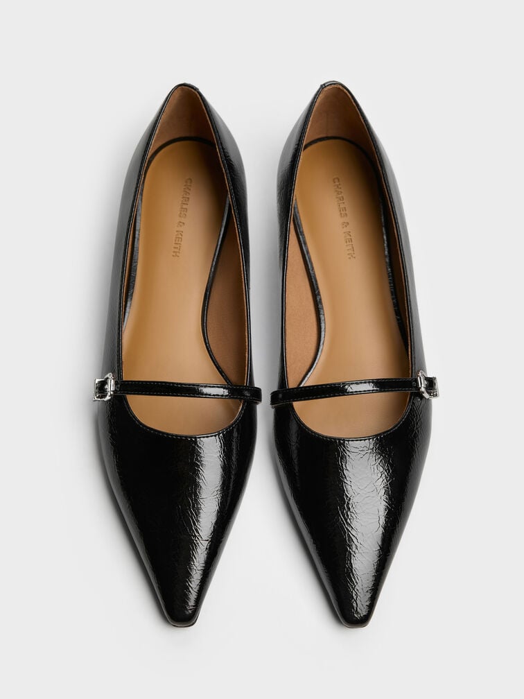 Crinkle-Effect Pointed Ballet Flats, Black, hi-res