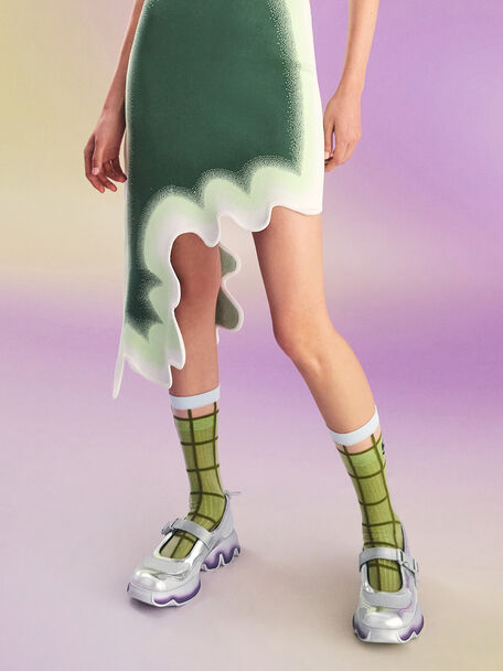 Mesh Gradient Wave Mary Jane Sneakers, Silver, hi-res