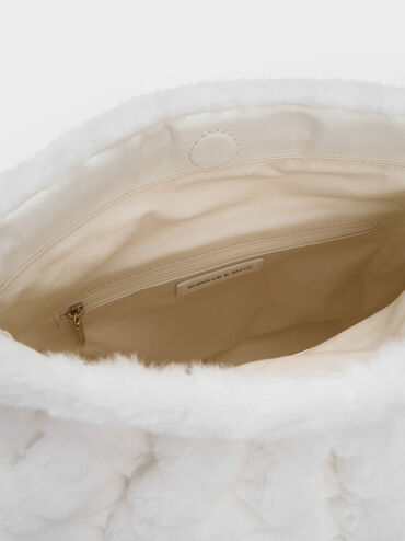 Duo Furry Chain-Handle Hobo Bag, White, hi-res