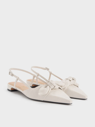 Jayce Leather Crinkle-Effect Knot-Bow Slingback Flats, White, hi-res