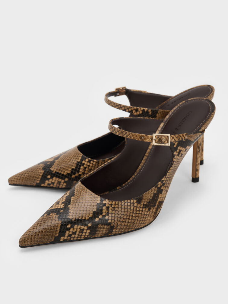 Snake-Print Buckle-Strap Mules, Animal Print Natural, hi-res