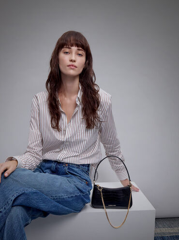 Elspeth Croc-Effect Chain-Link Shoulder Bag, Black Croco, hi-res