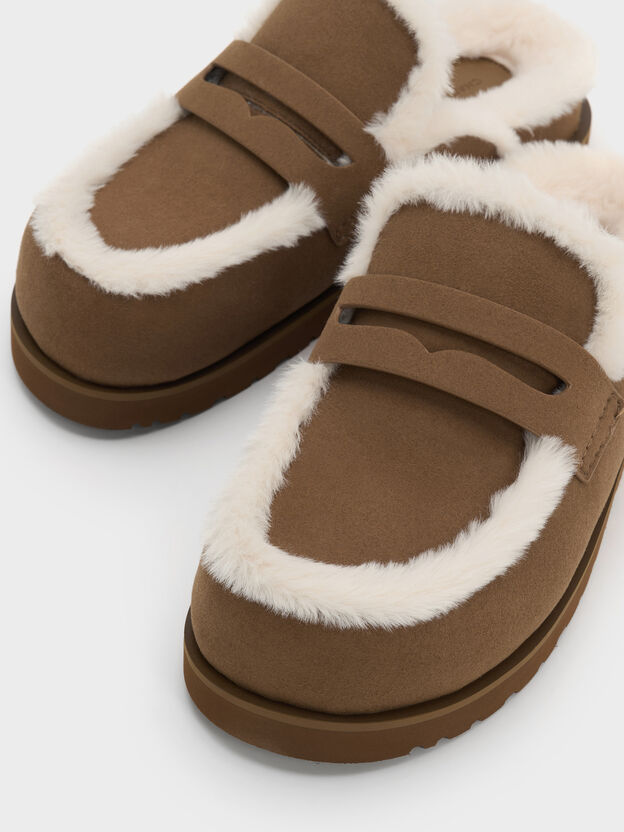 Furry Flatform Mules, Brown, hi-res