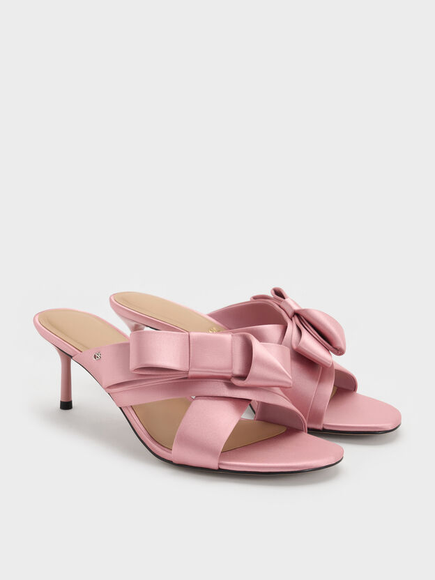 Pleated-Bow Heeled Mules, Pink, hi-res