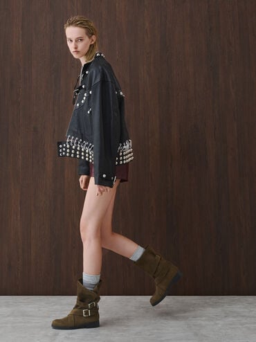 Brett Faux Suede Buckle-Strap Calf Boots, Dark Brown Textured, hi-res