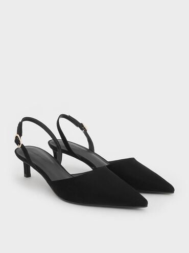 Faux Suede Pointed-Toe Slingback Kitten Heels, Black Textured, hi-res
