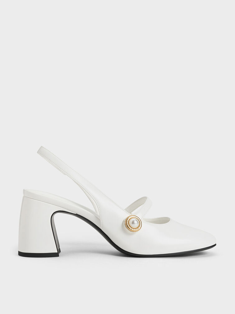 Pearl-Accent Mary Jane Slingback Pumps, White, hi-res