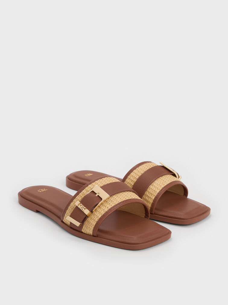 Whitney Leather & Raffia Buckled Slide Sandals, Brown, hi-res