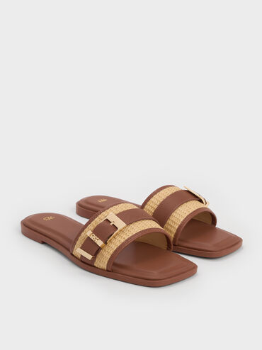 Whitney Leather & Raffia Buckled Slide Sandals, Brown, hi-res