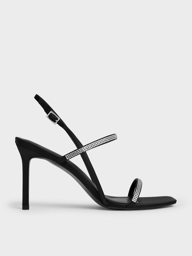 Arona Satin Crystal Stiletto Sandals, Black Textured, hi-res