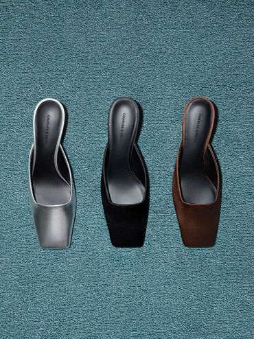 Metallic Square-Toe Blade-Heel Mules, Silver, hi-res
