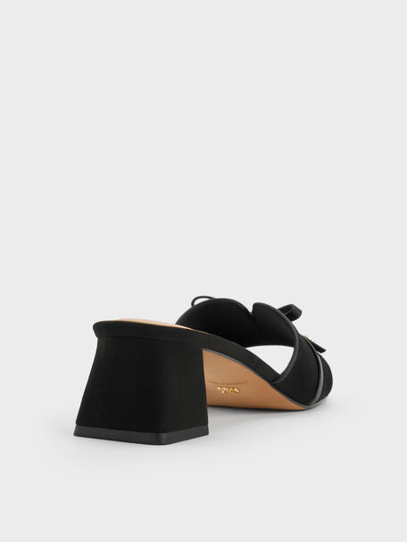 Leather & Suede Bow Heeled Mules, Black Textured, hi-res