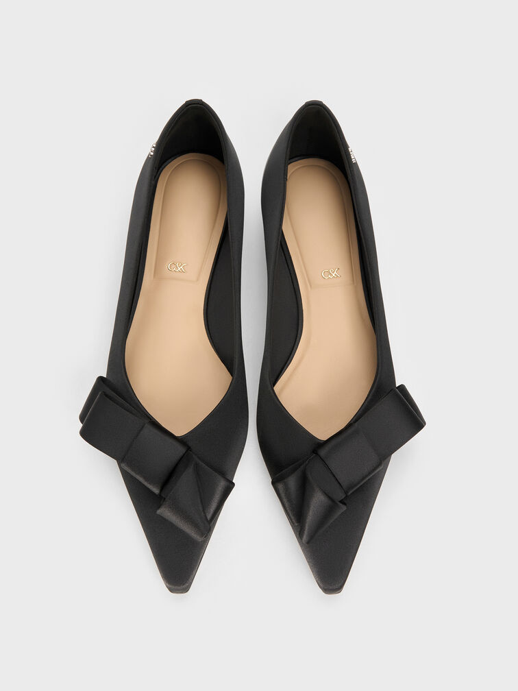Pleated-Bow Pointed Ballet Flats, Black Textured, hi-res