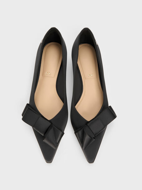 Pleated-Bow Pointed Ballet Flats, Black Textured, hi-res