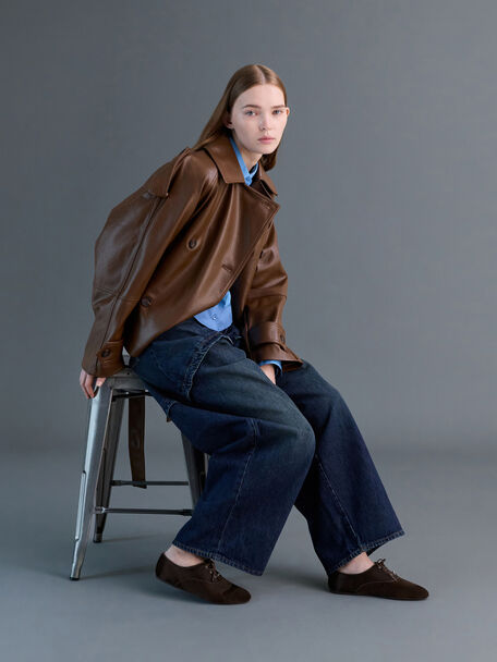 Pippa Calf Hair Derby Flats, Dark Brown Textured, hi-res