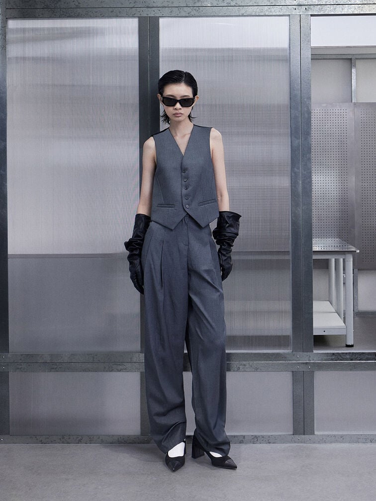 Faux Suede Cap-Toe Pointed Mary Jane Pumps, Black Textured, hi-res