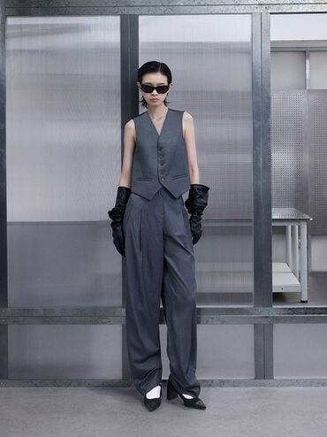 Faux Suede Cap-Toe Pointed Mary Jane Pumps, Black Textured, hi-res