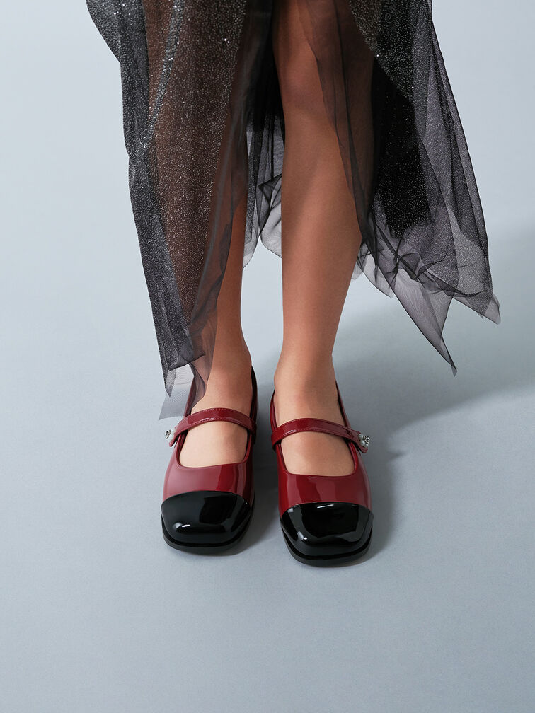 Girls' Patent Cap-Toe Mary Janes, Maroon, hi-res