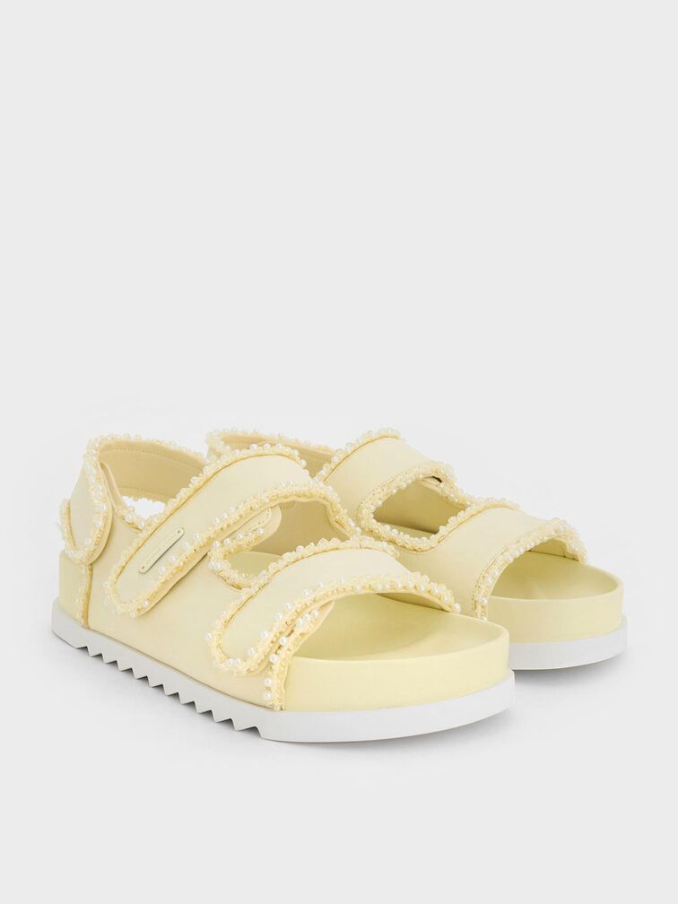 Pearl-Embellished Flatform Sandals, Butter, hi-res