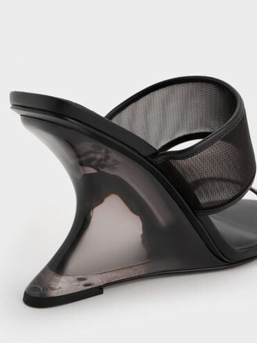Mesh Sculptural-Heel Wedges, Black Textured, hi-res