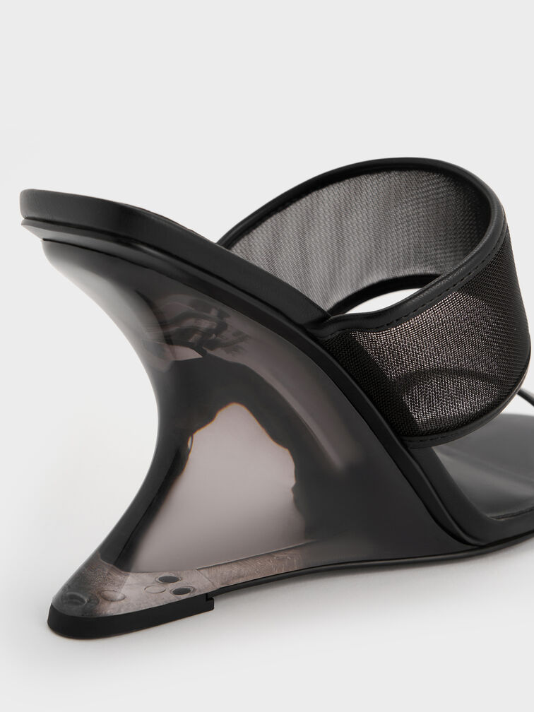 Mesh Sculptural-Heel Wedges, Black Textured, hi-res