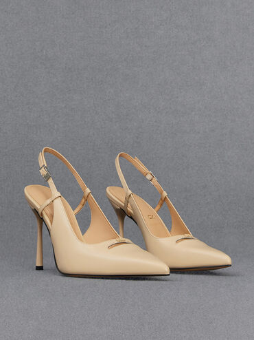 Leather Pointed-Toe Slingback Pumps, Beige, hi-res