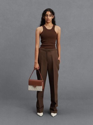 Leather & Canvas Two-Tone Shoulder Bag, Cognac, hi-res