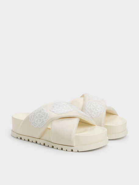 Satin Embroidered-Flower Crossover Sandals, Chalk, hi-res