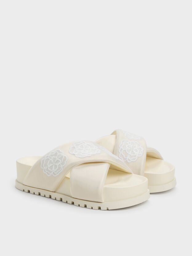 Satin Embroidered-Flower Crossover Sandals, Chalk, hi-res