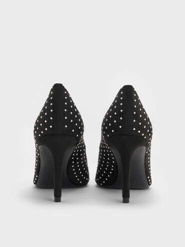 Faux Suede Studded Pointed-Toe Pumps, Black Textured, hi-res