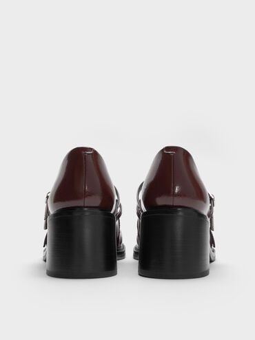 Patent Triple-Strap Crossover Block-Heel Mary Janes, Burgundy, hi-res