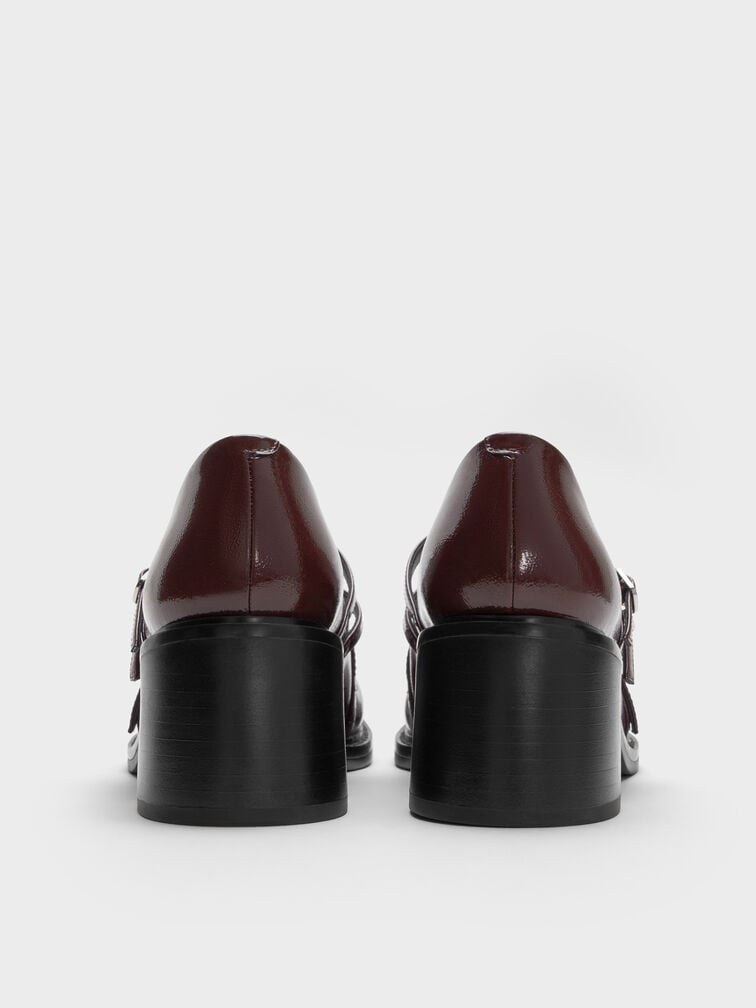 Patent Triple-Strap Crossover Block-Heel Mary Janes, Burgundy, hi-res